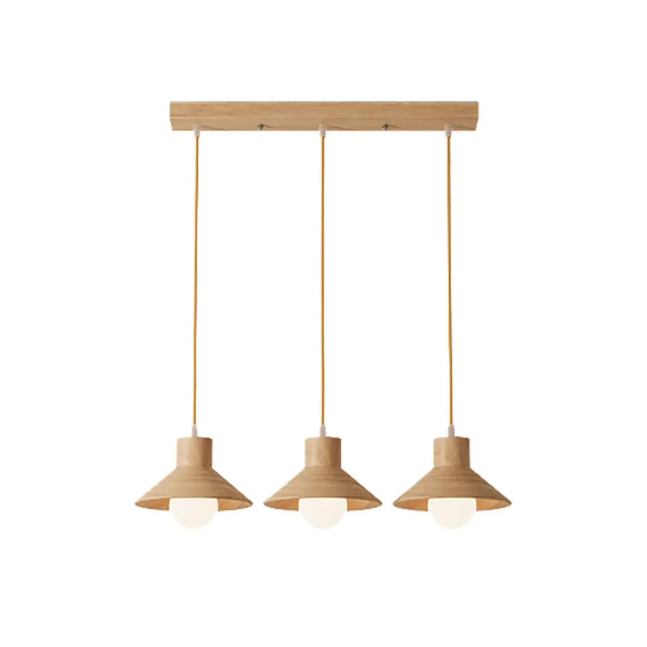 Suspension rustique moderne en bois à 3 lampes coniques pour îlot central.