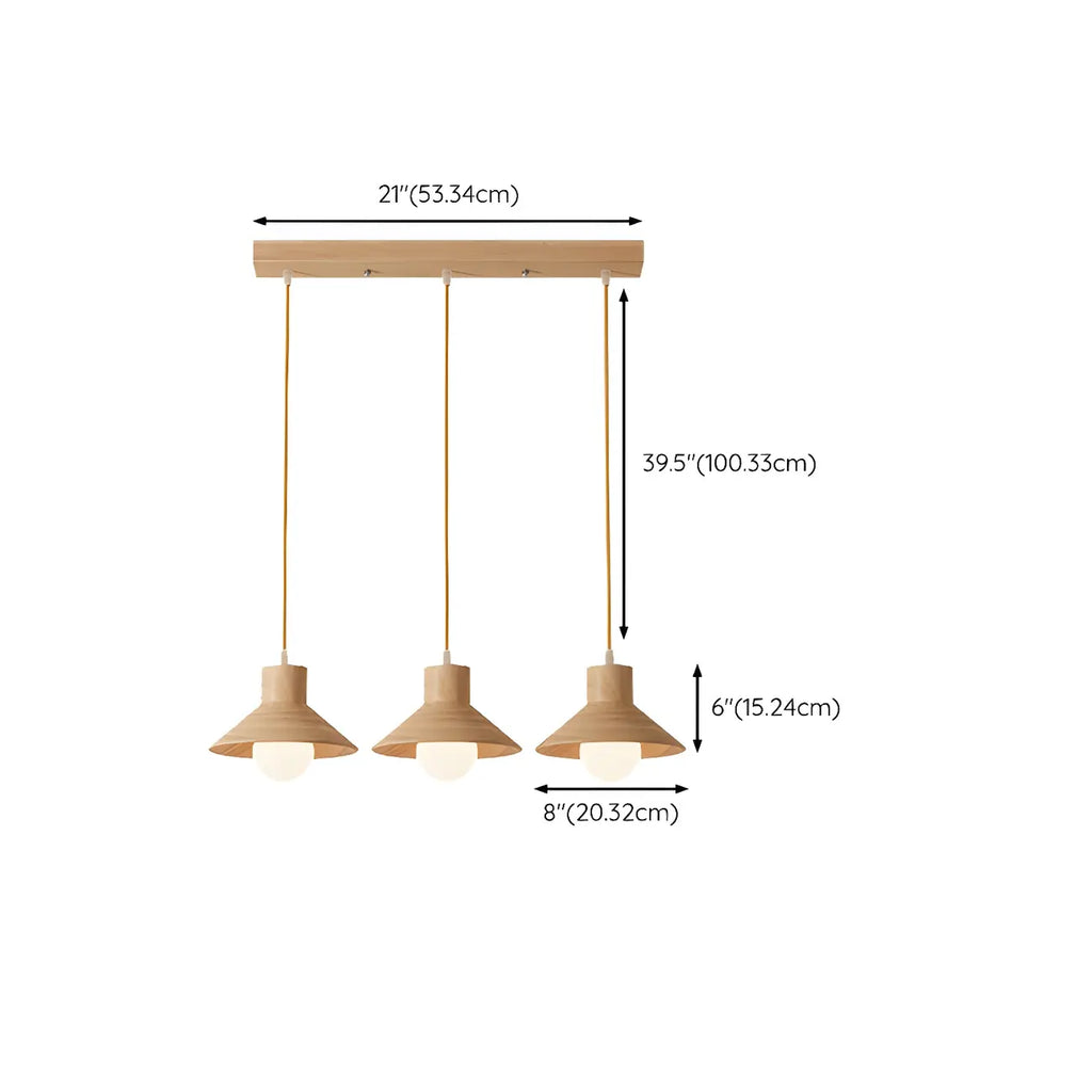 Suspension rustique moderne en bois à 3 lampes coniques pour îlot central.