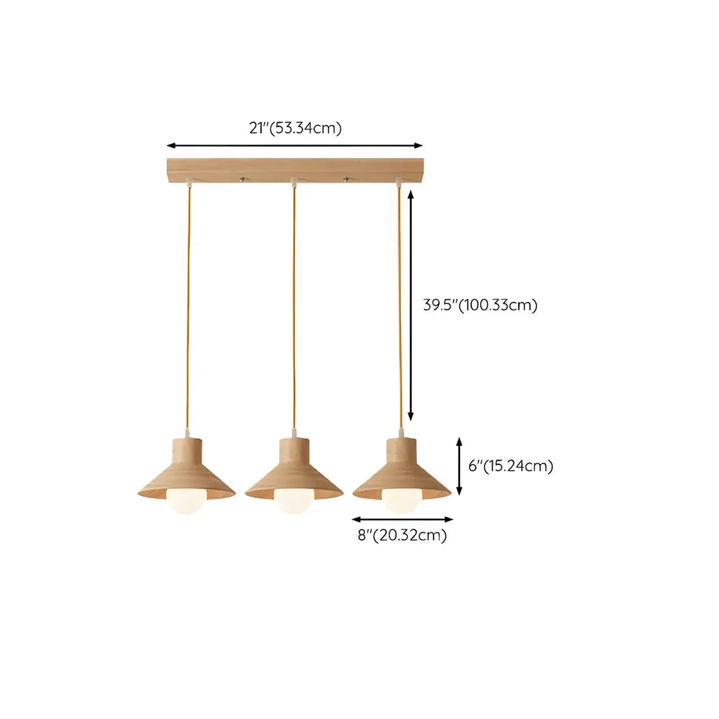 Suspension rustique moderne en bois à 3 lampes coniques pour îlot central.