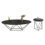 Table basse ovale élégante en métal noir avec piètement géométrique