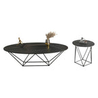 Table basse ovale élégante en métal noir avec piètement géométrique