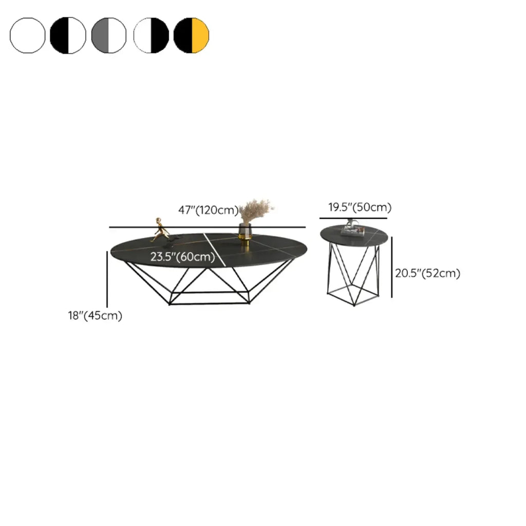Table basse ovale élégante en métal noir avec piètement géométrique
