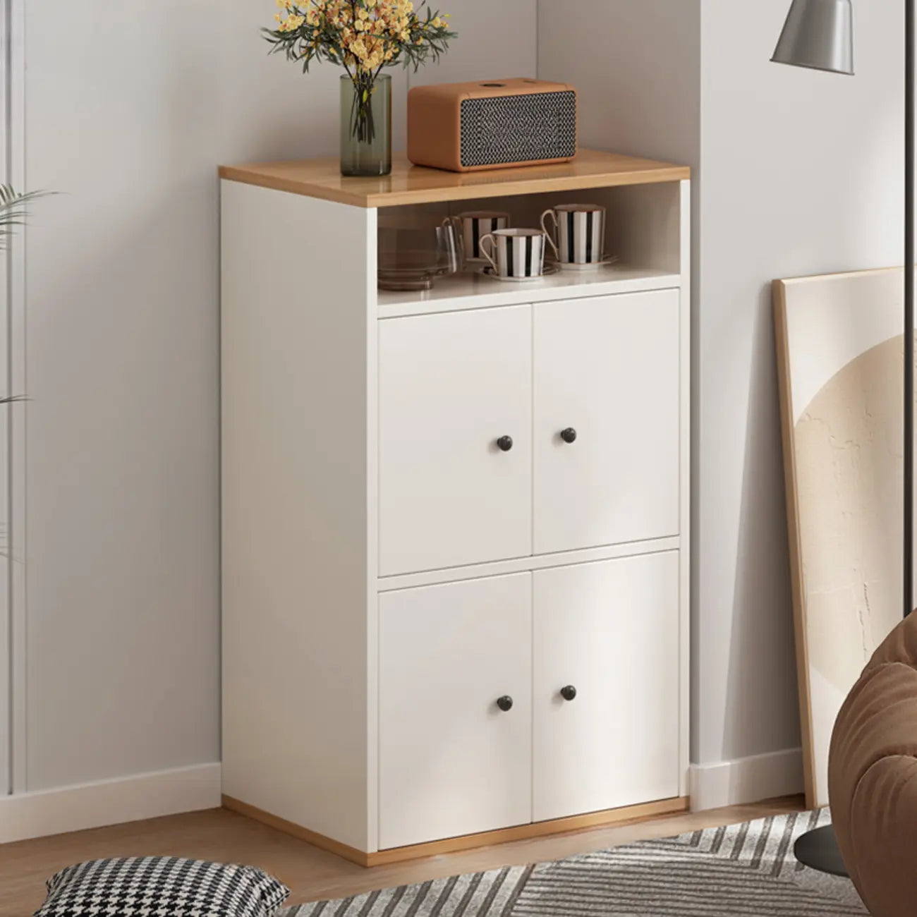 Armoire de rangement moderne en bois blanc avec étagères extérieures