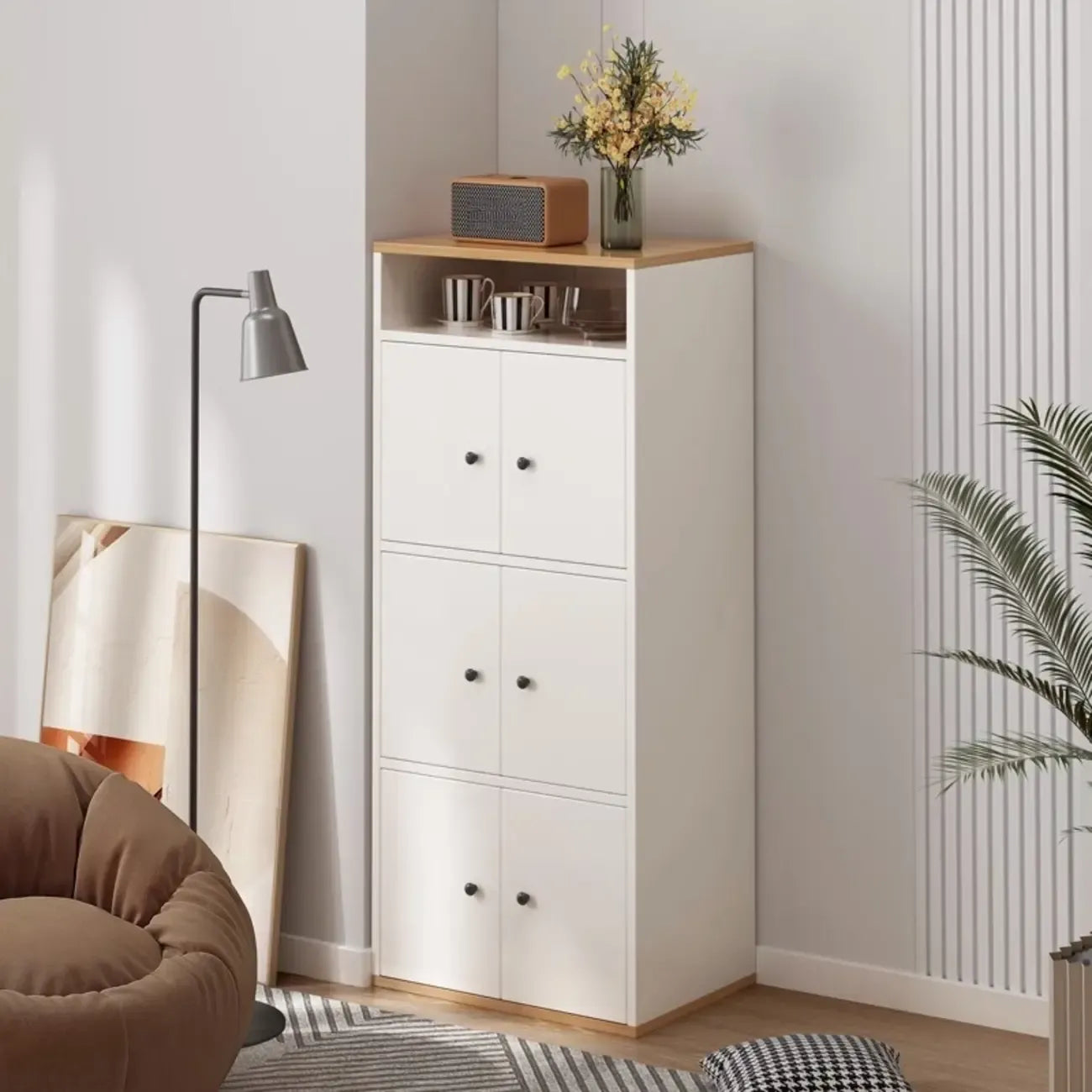 Armoire de rangement moderne en bois blanc avec étagères extérieures