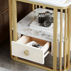 Table d'appoint à deux niveaux en marbre blanc avec rangement et structure en métal