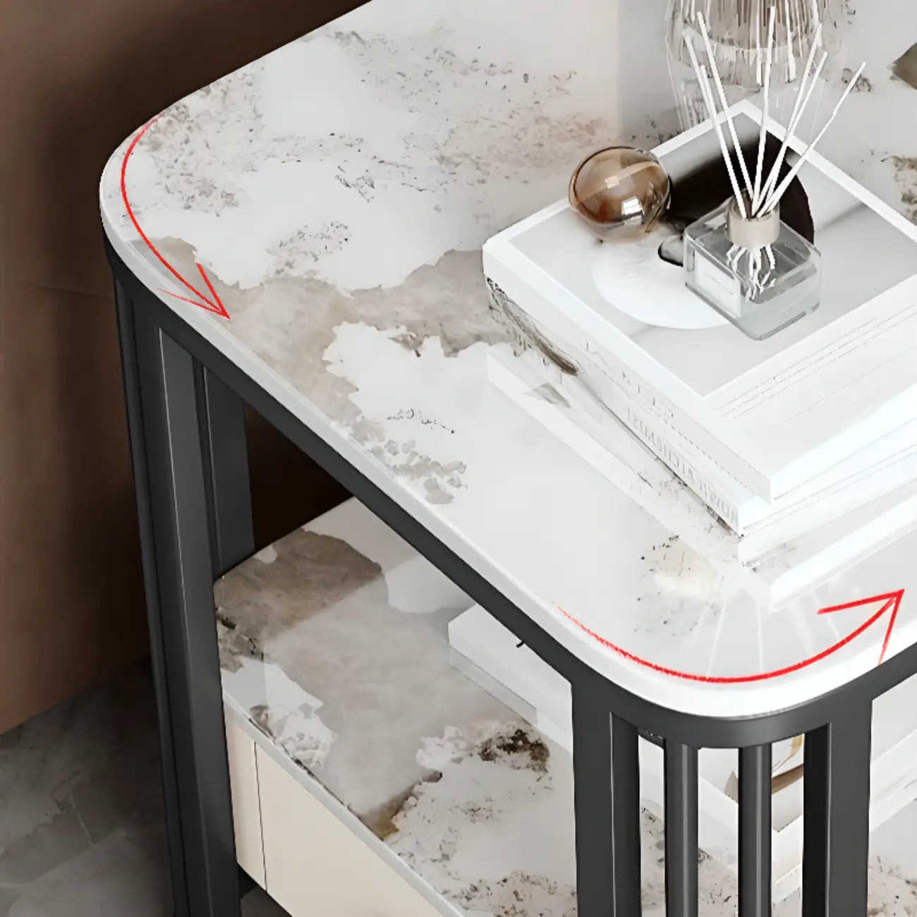 Table d'appoint à deux niveaux en marbre blanc avec rangement et structure en métal