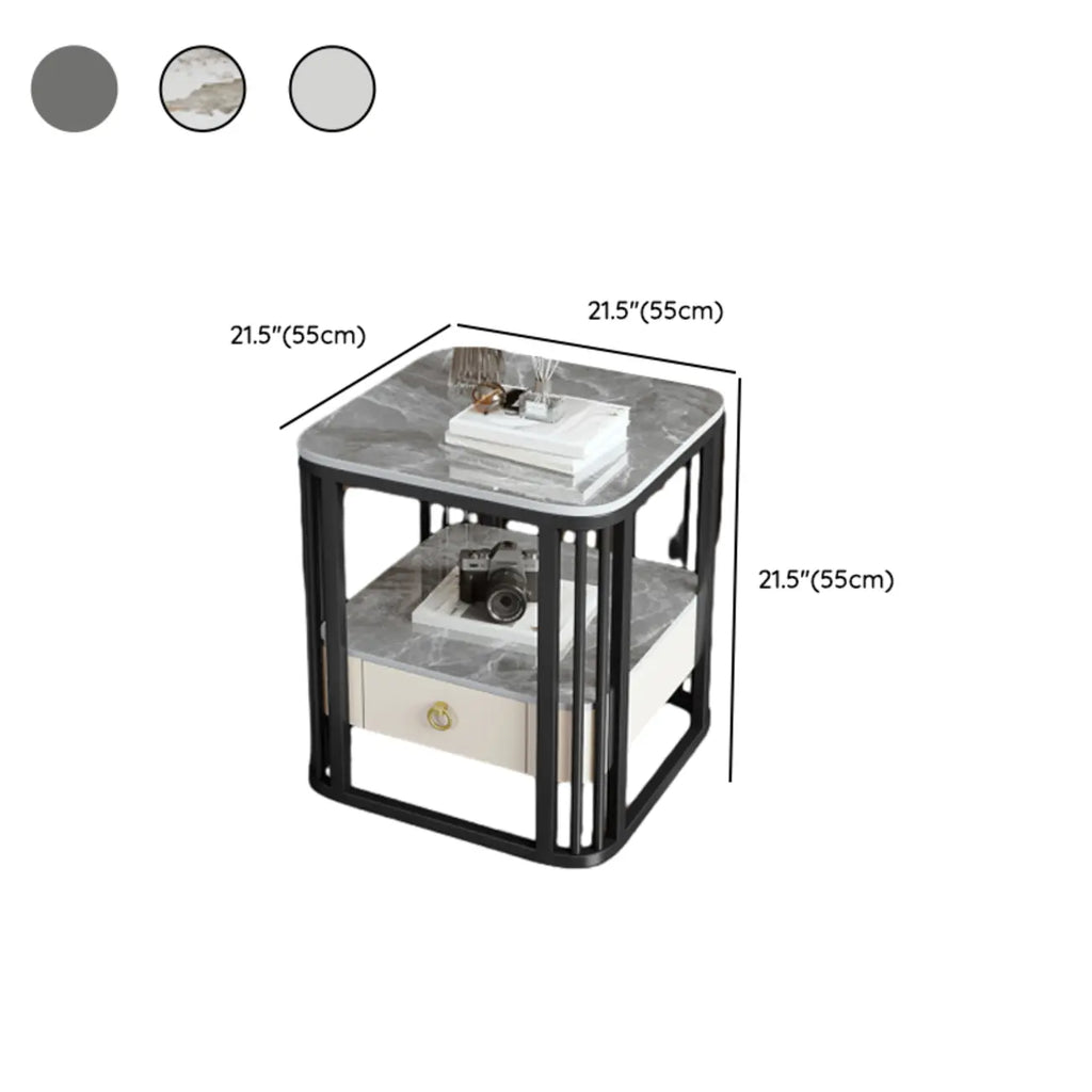 Table d'appoint à deux niveaux en marbre blanc avec rangement et structure en métal