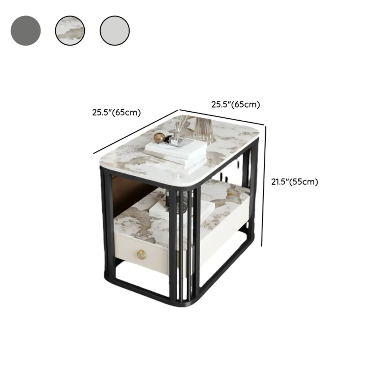 Table d'appoint à deux niveaux en marbre blanc avec rangement et structure en métal