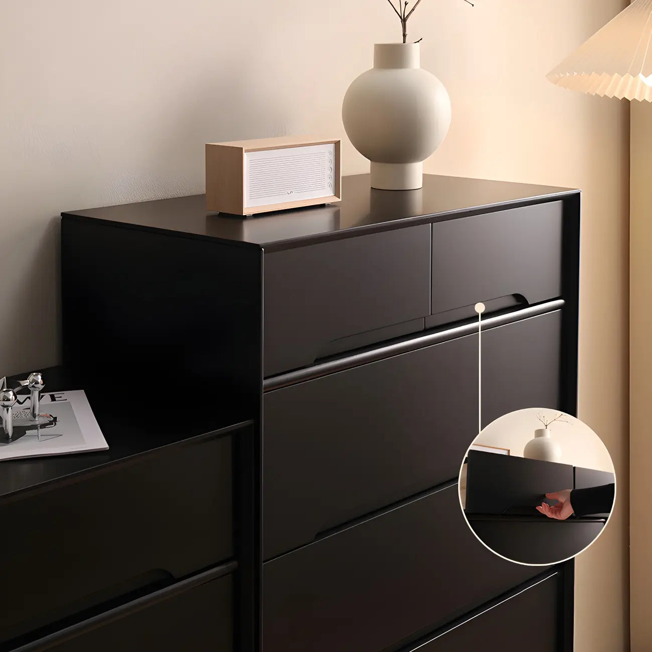 Commode rétro en bois noir avec tiroirs de rangement pour chambre à coucher