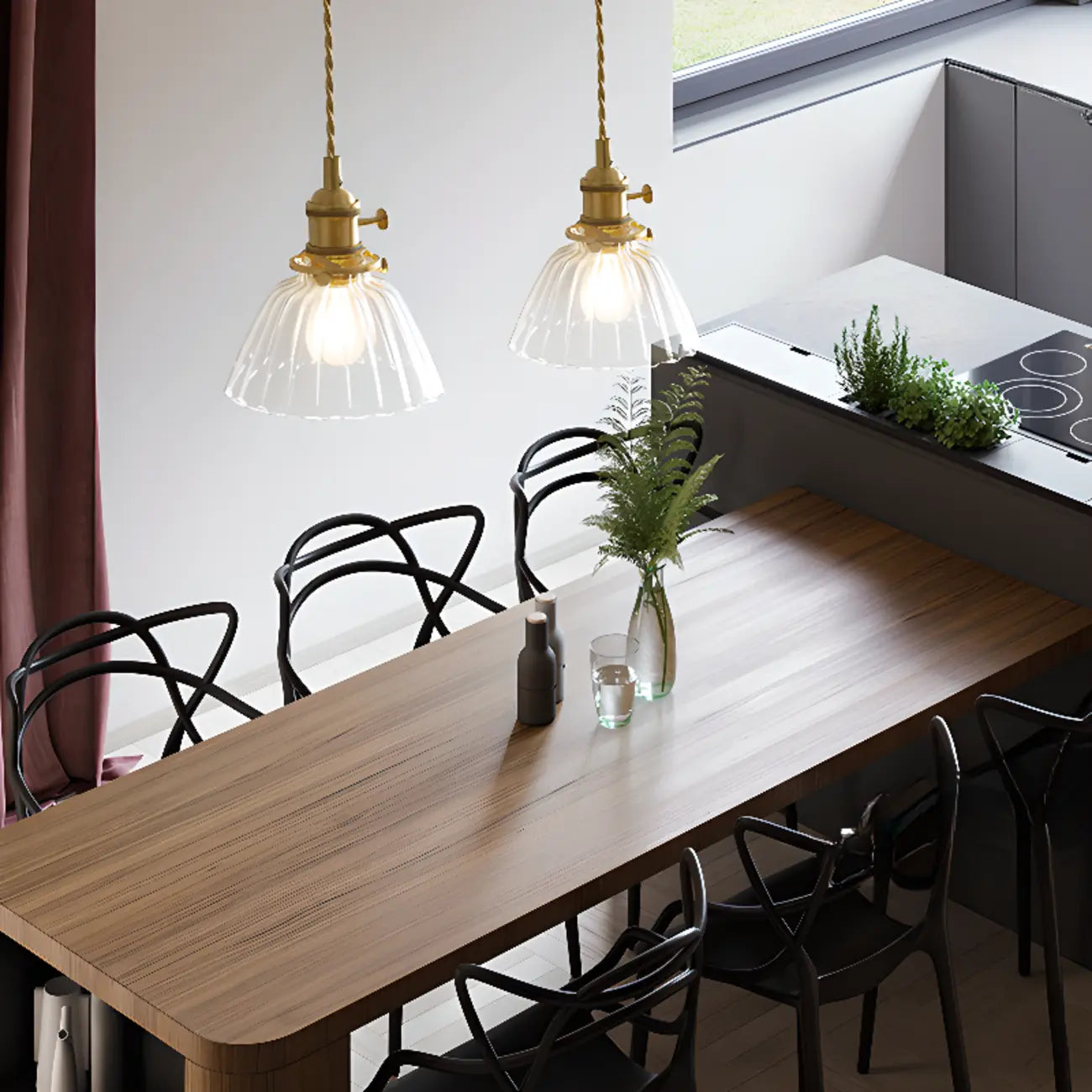 Suspension moderne à rayures en verre transparent pour salle à manger
