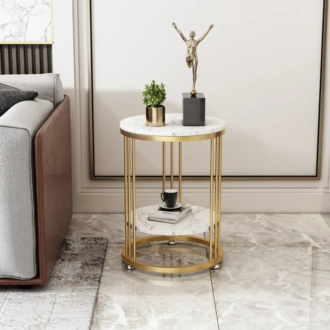 Table d'appoint ronde en marbre pour salon avec rangement