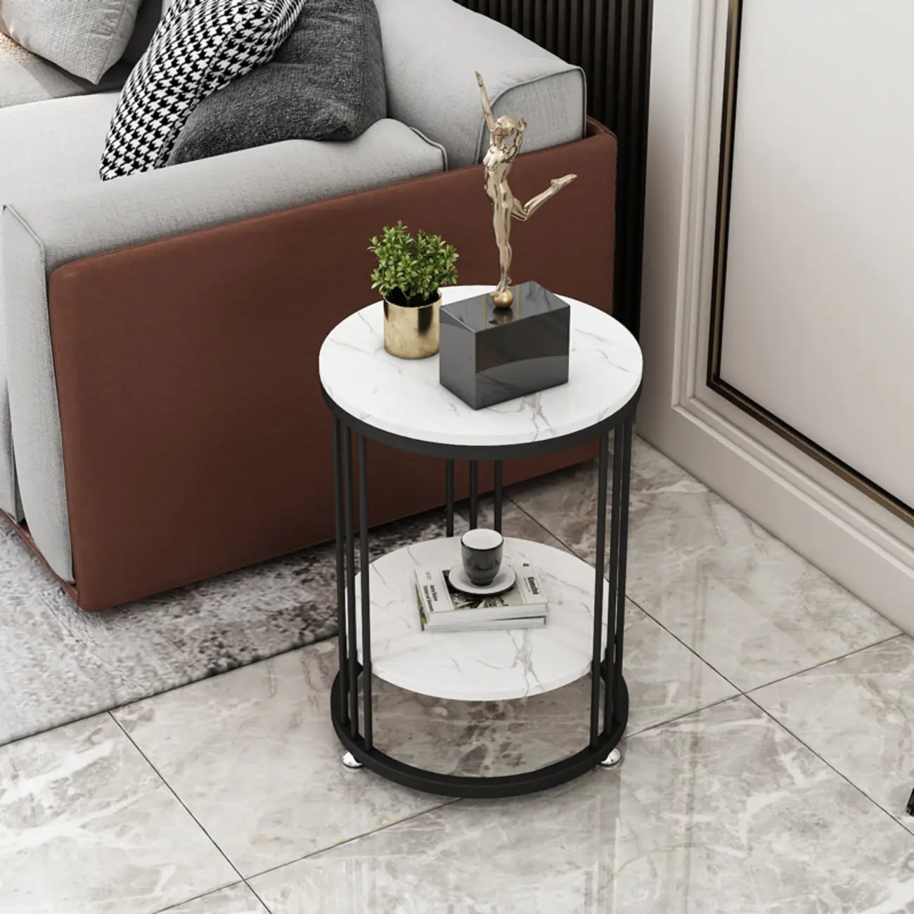 Table d'appoint ronde en marbre pour salon avec rangement