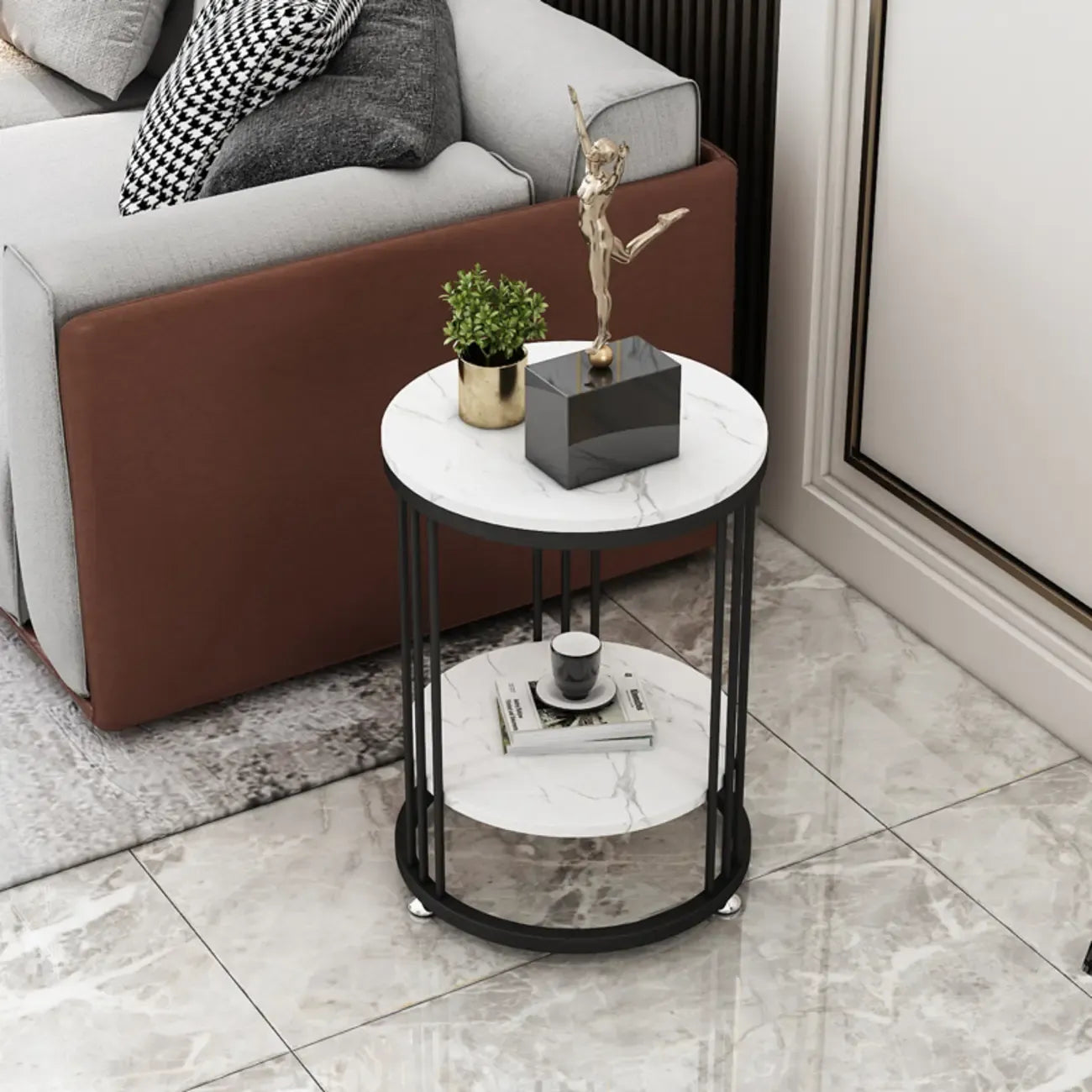 Table d'appoint ronde en marbre pour salon avec rangement