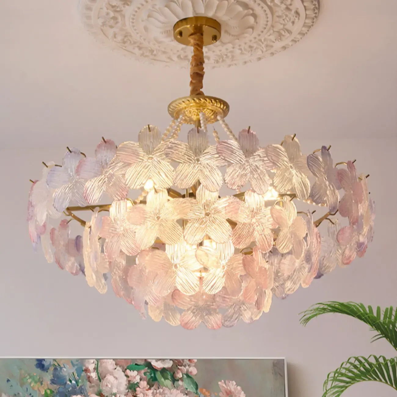 Lustre moderne à plusieurs niveaux en cristal rond à fleurs