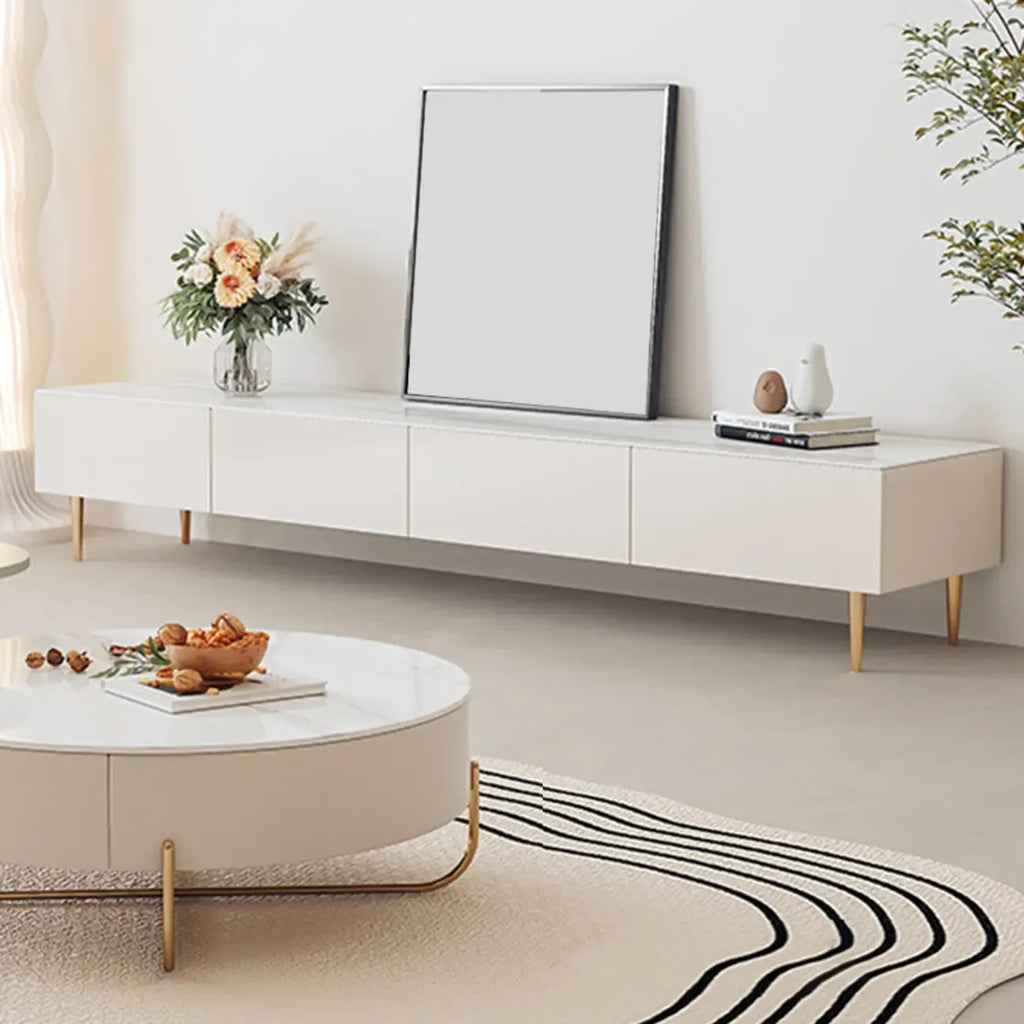 Meuble TV avec pieds et tiroirs de gestion des câbles en pierre blanche