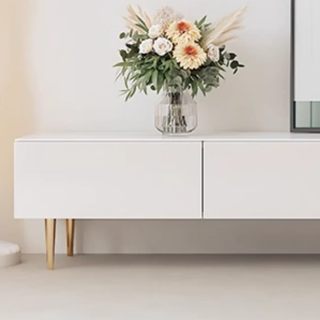 Meuble TV avec pieds et tiroirs de gestion des câbles en pierre blanche