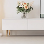 Meuble TV avec pieds et tiroirs de gestion des câbles en pierre blanche