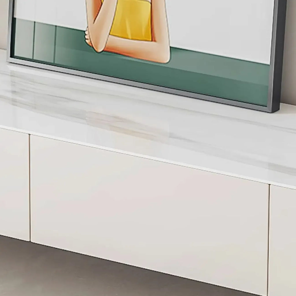 Meuble TV avec pieds et tiroirs de gestion des câbles en pierre blanche