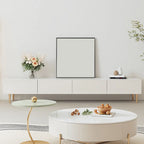 Meuble TV avec pieds et tiroirs de gestion des câbles en pierre blanche