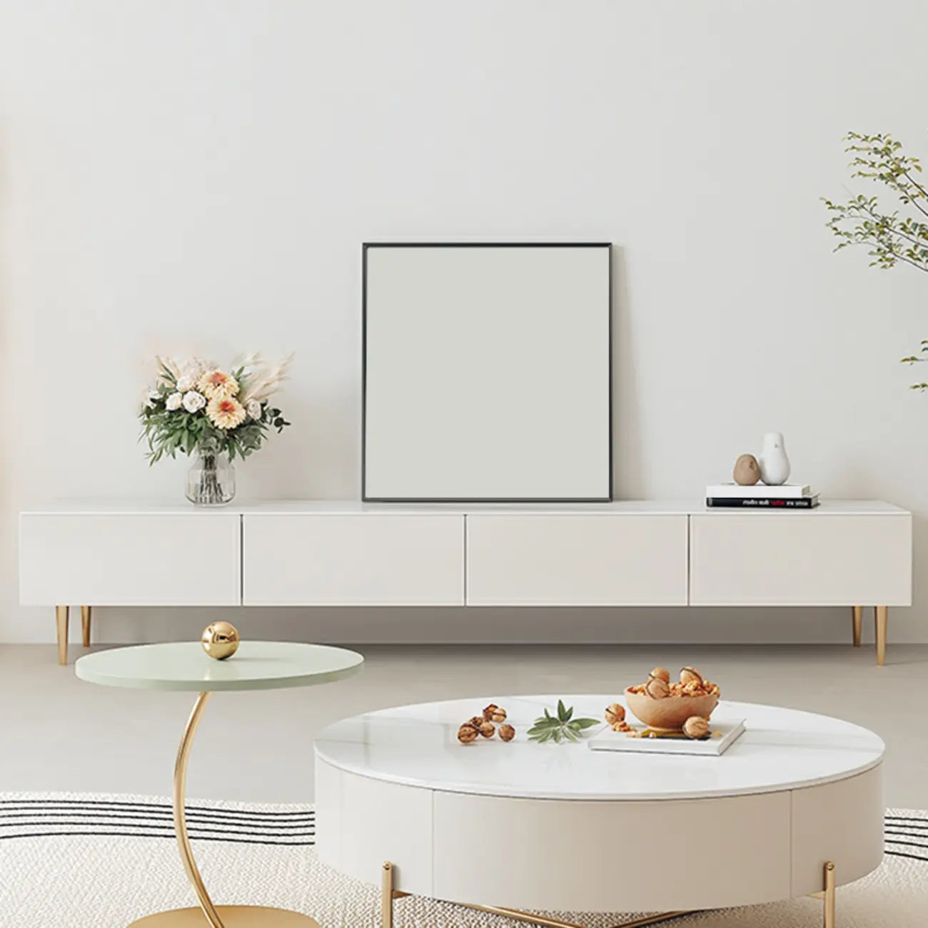 Meuble TV avec pieds et tiroirs de gestion des câbles en pierre blanche