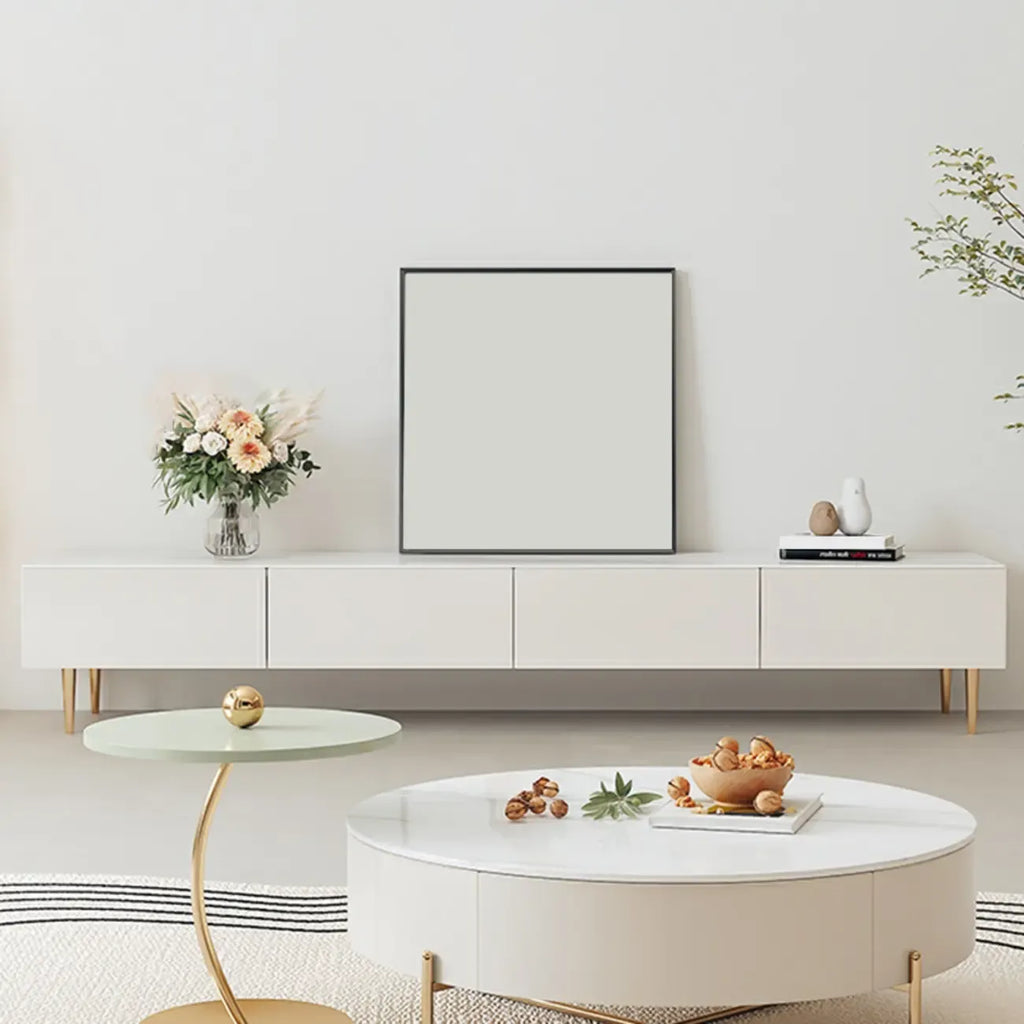 Meuble TV avec pieds et tiroirs de gestion des câbles en pierre blanche