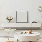 Meuble TV avec pieds et tiroirs de gestion des câbles en pierre blanche