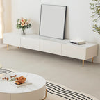 Meuble TV avec pieds et tiroirs de gestion des câbles en pierre blanche