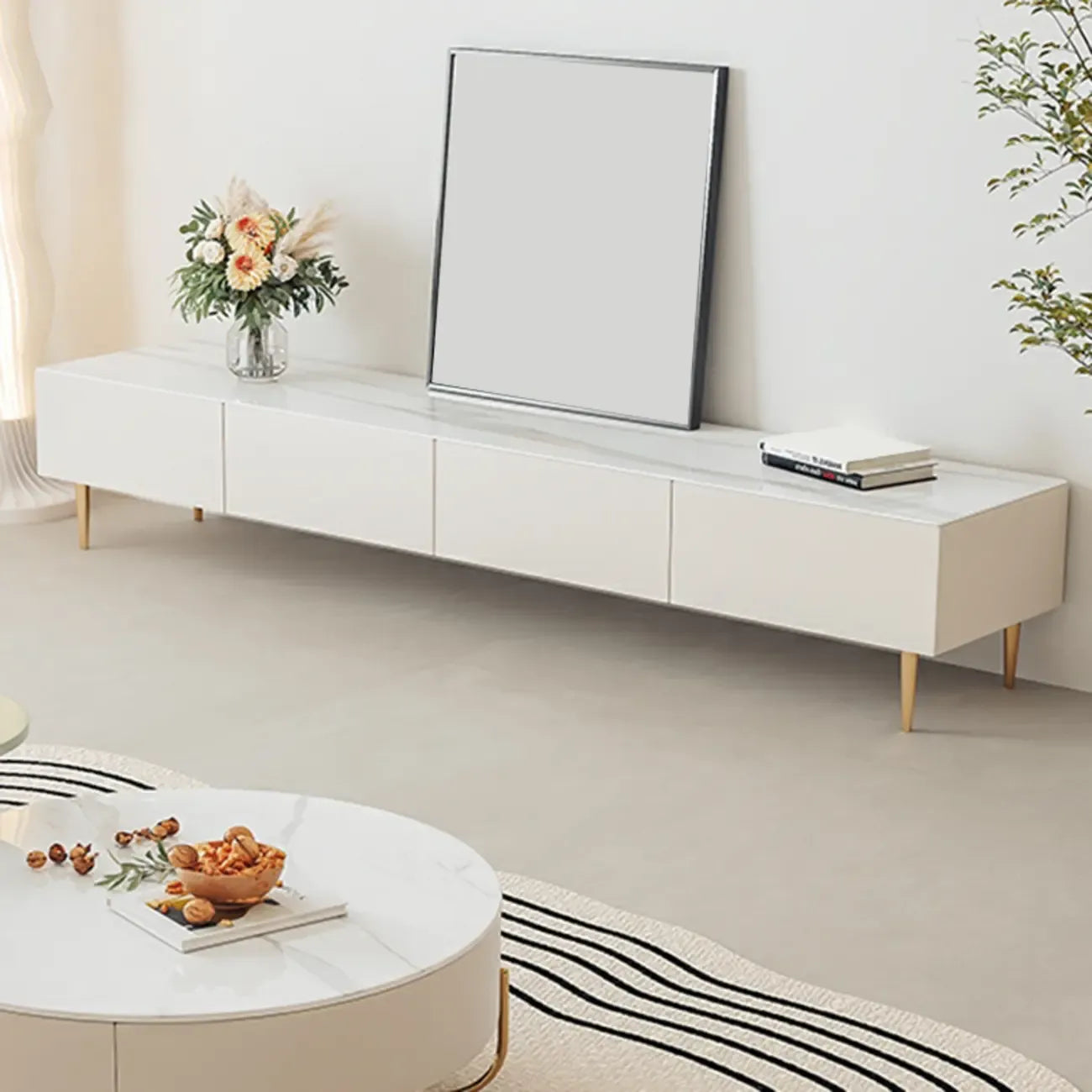 Meuble TV avec pieds et tiroirs de gestion des câbles en pierre blanche