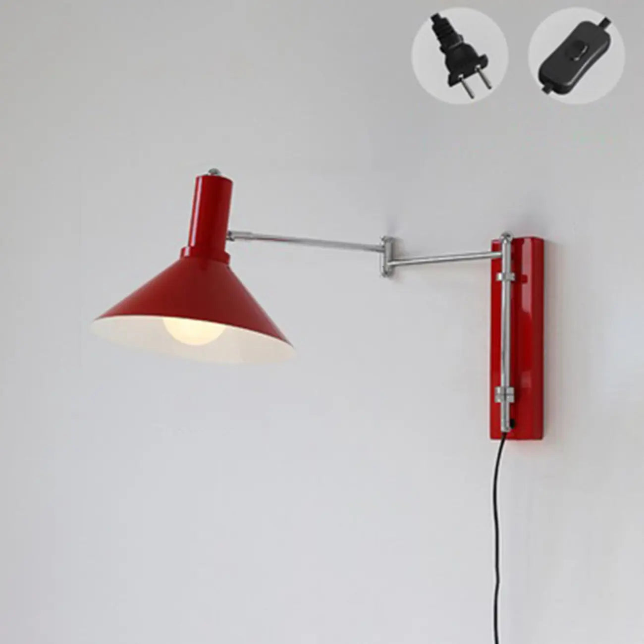 Applique murale moderne rouge à bras articulé, abat-jour en fer