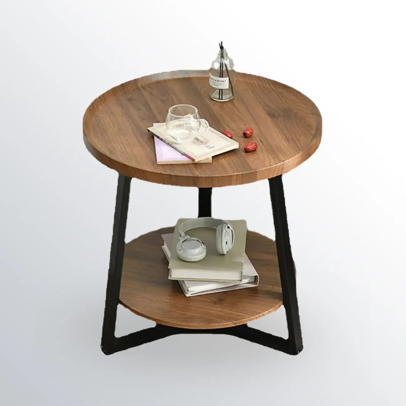 Table basse moderne avec plateau en bois, pieds croisés et étagère