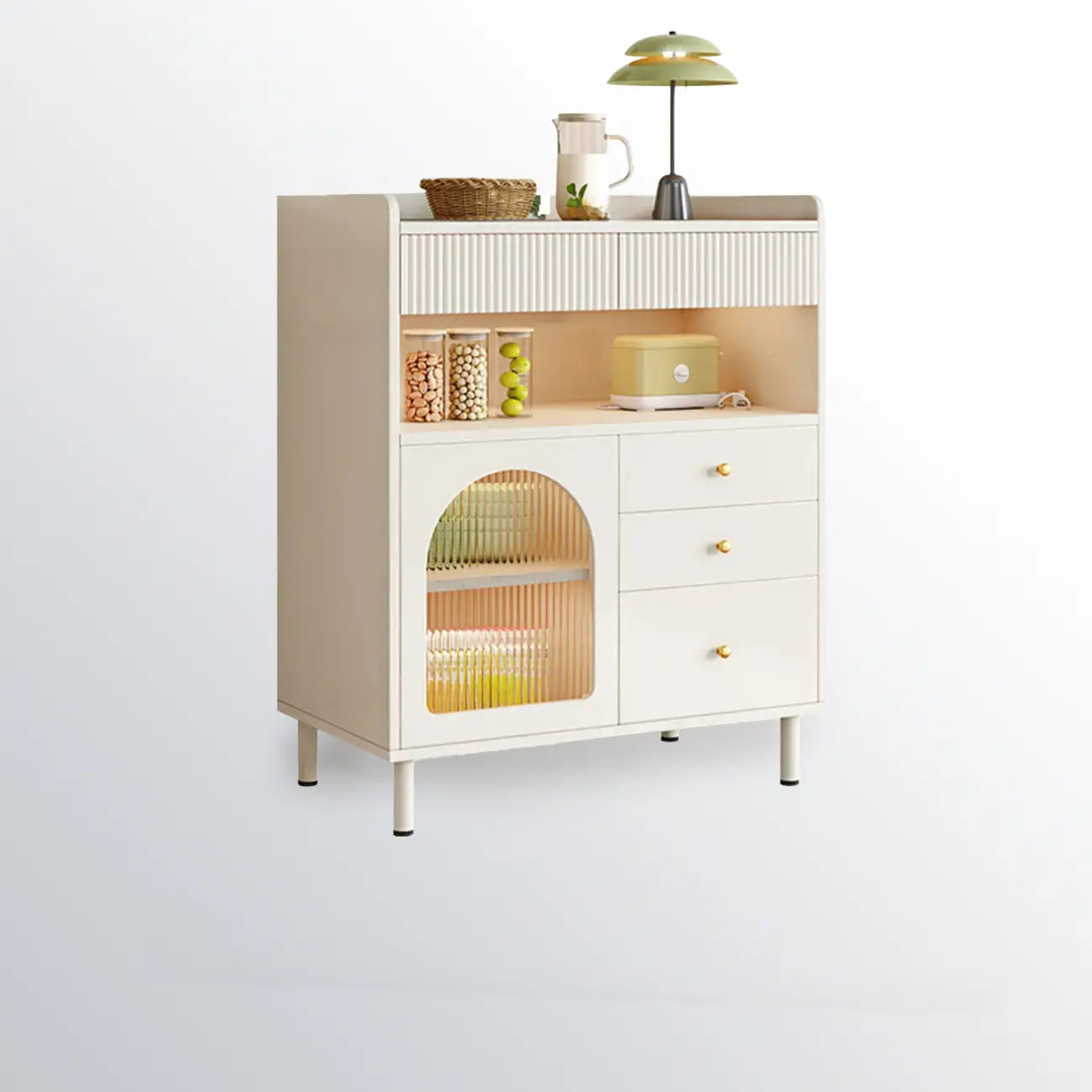 Meuble d'appoint blanc moderne avec tiroirs et portes vitrées