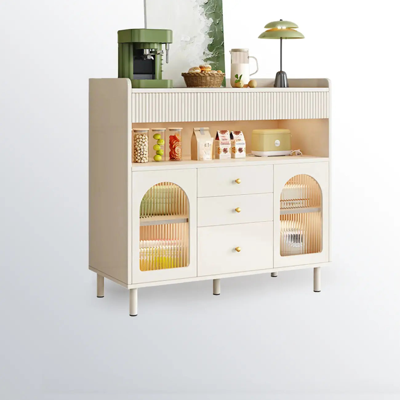 Meuble d'appoint blanc moderne avec tiroirs et portes vitrées