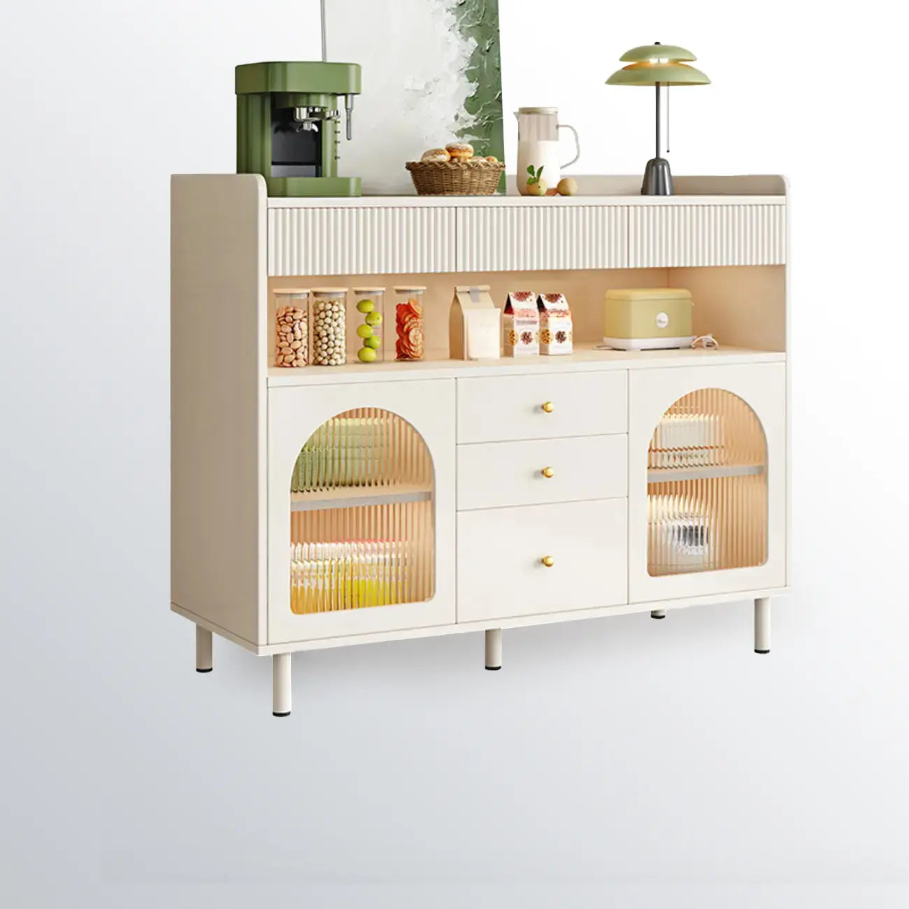 Meuble d'appoint blanc moderne avec tiroirs et portes vitrées