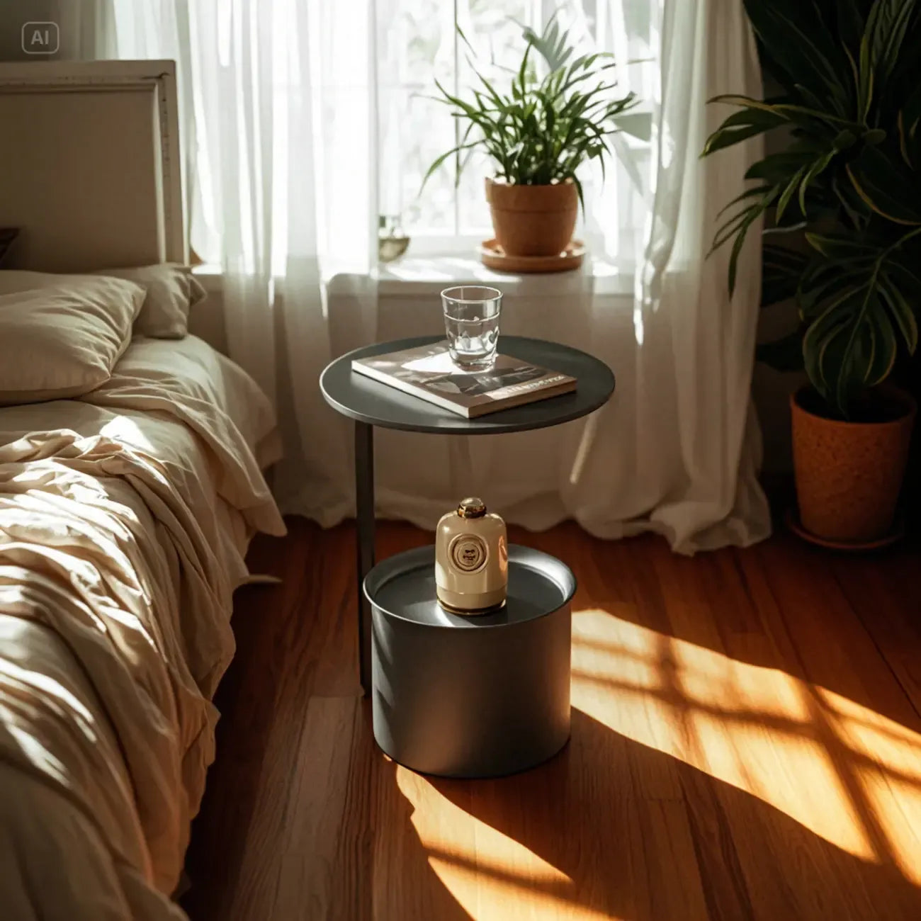 Table d'appoint ronde glamour en marbre avec rangement cylindrique en métal doré