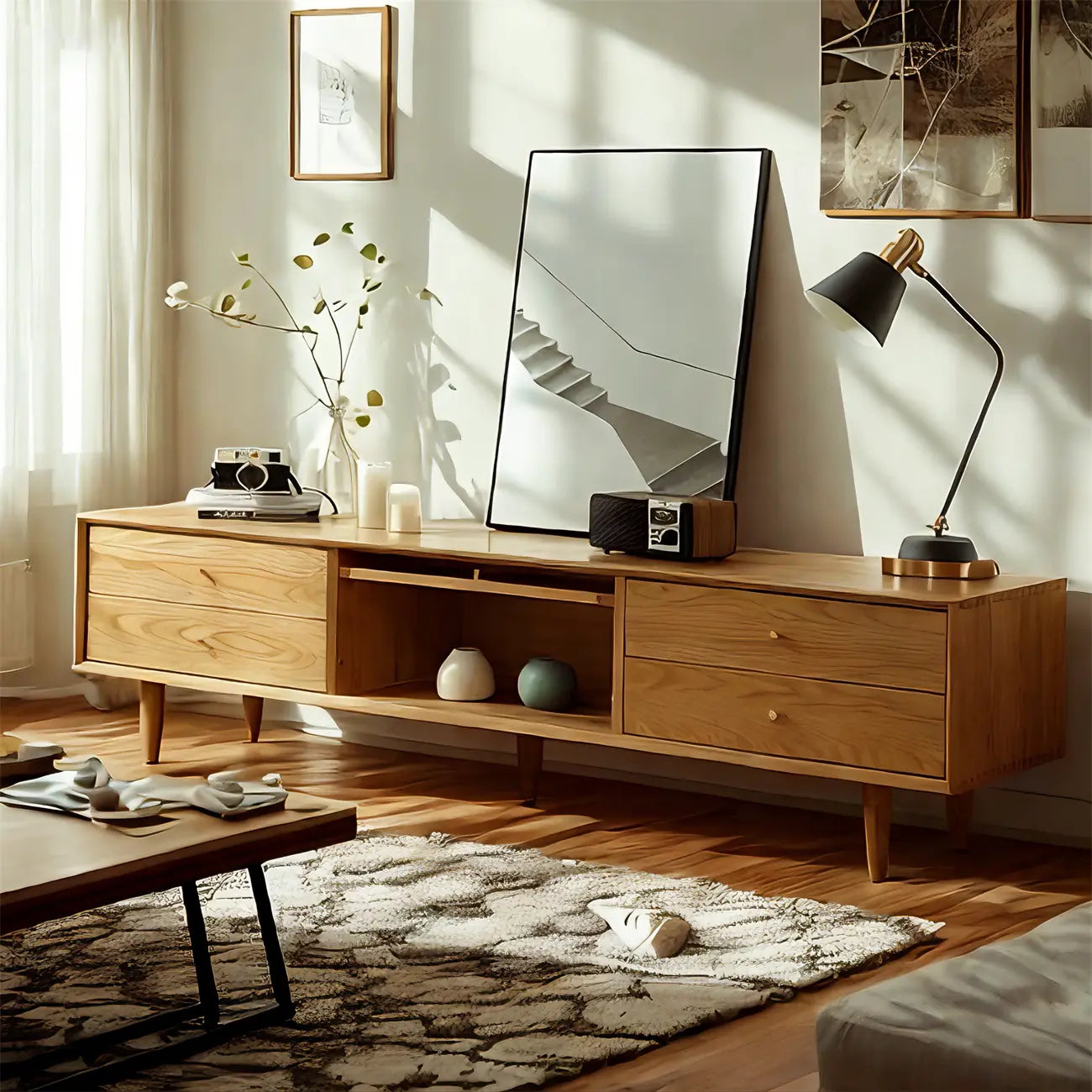 Meubles TV scandinaves en pin brun avec pieds