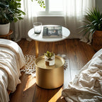 Table d'appoint ronde glamour en marbre avec rangement cylindrique en métal doré