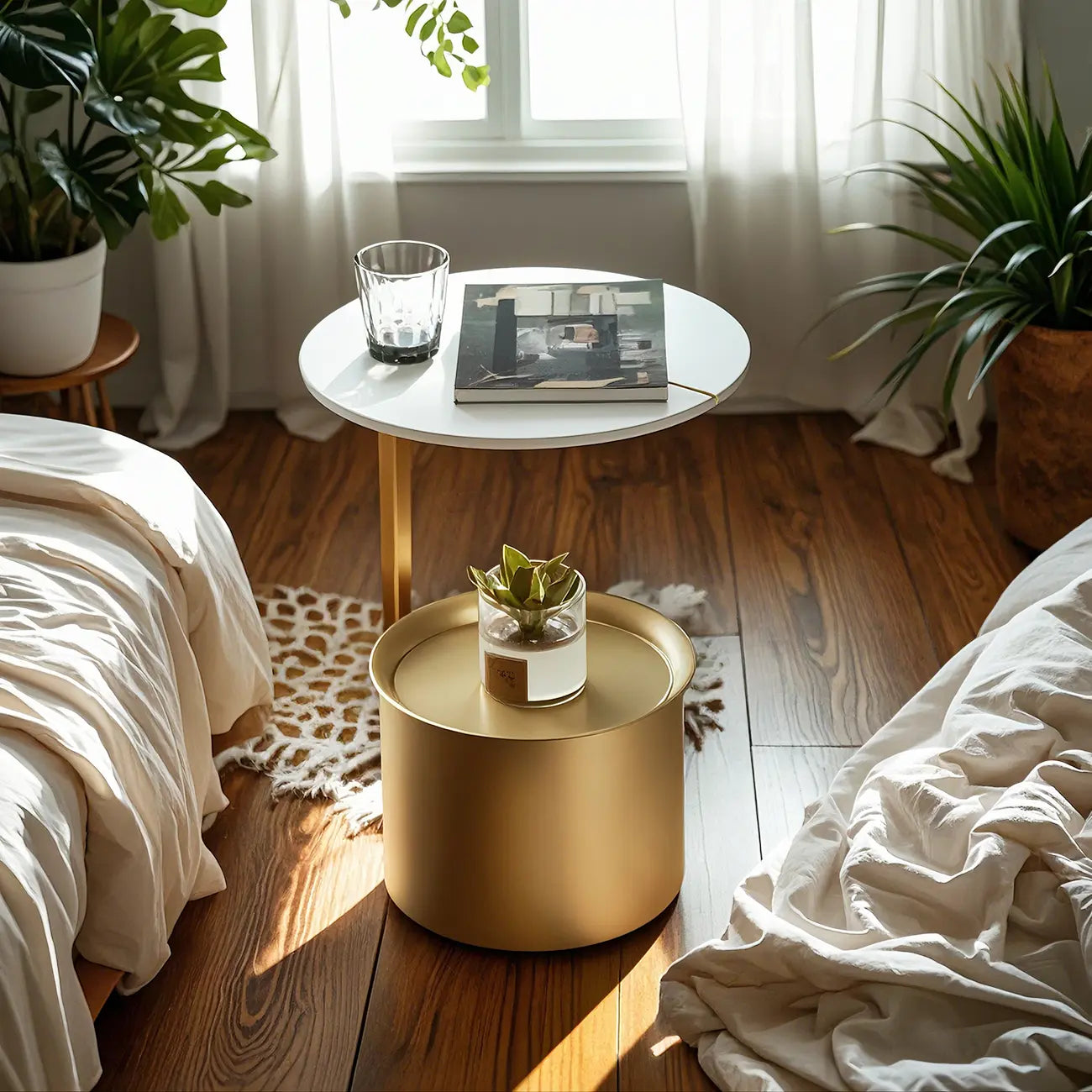 Table d'appoint ronde glamour en marbre avec rangement cylindrique en métal doré