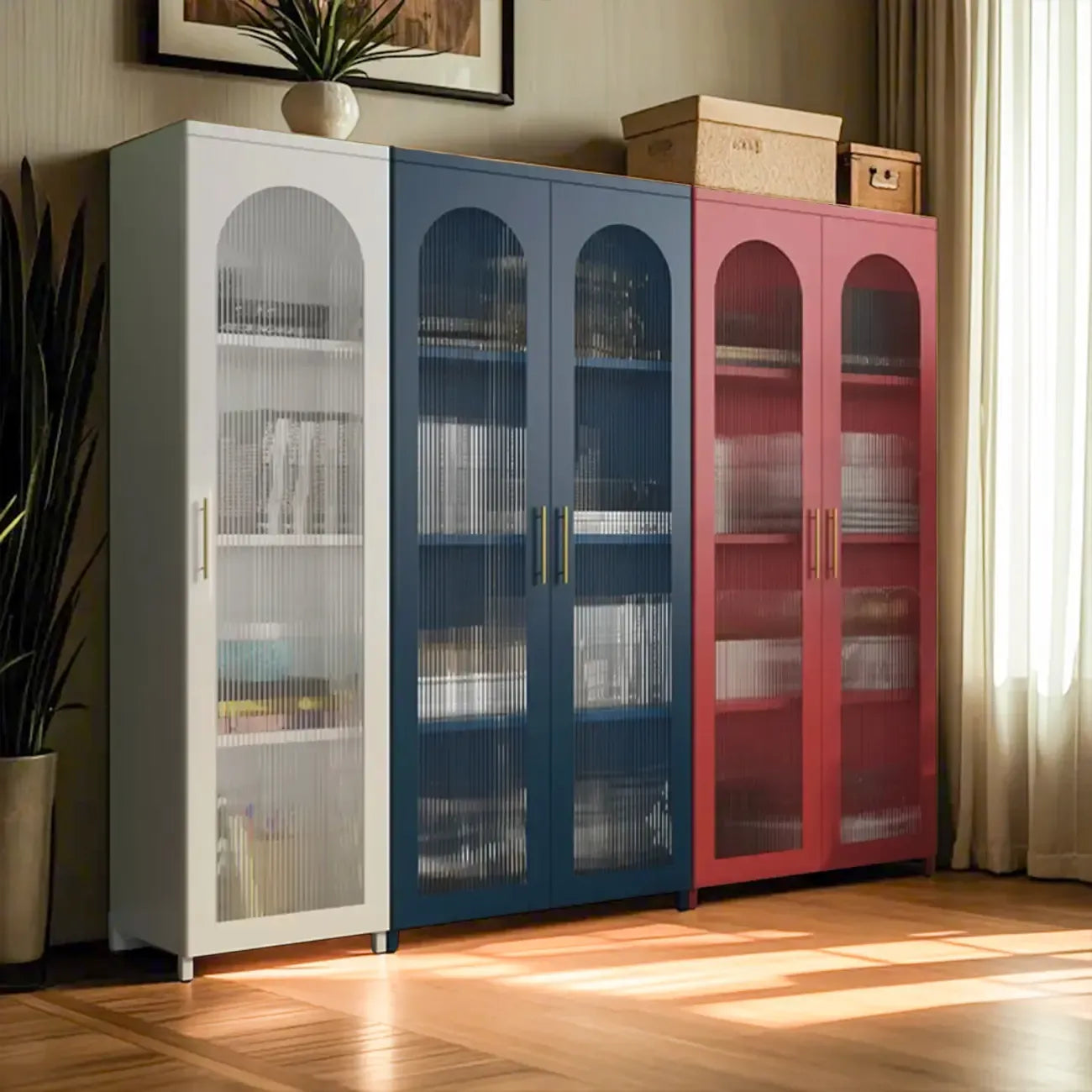 Armoire de rangement verticale moderne en métal avec portes vitrées