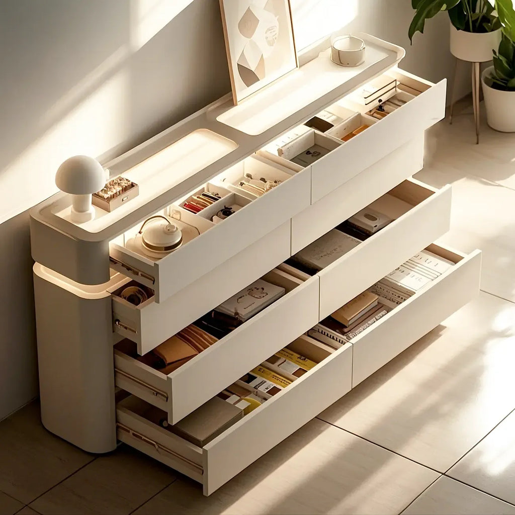 Commode double horizontale en bois couleur crème, éclairage inclus