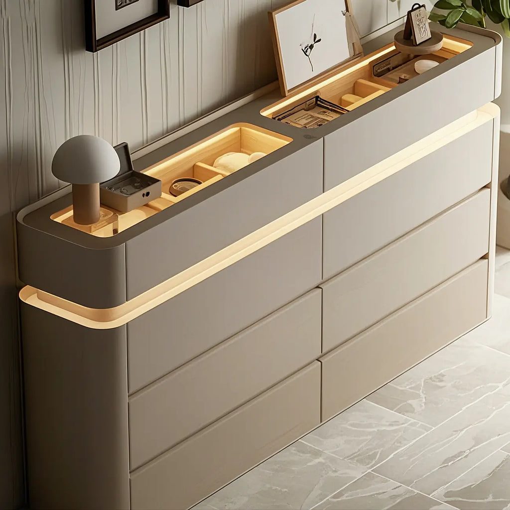 Commode double horizontale en bois couleur crème, éclairage inclus