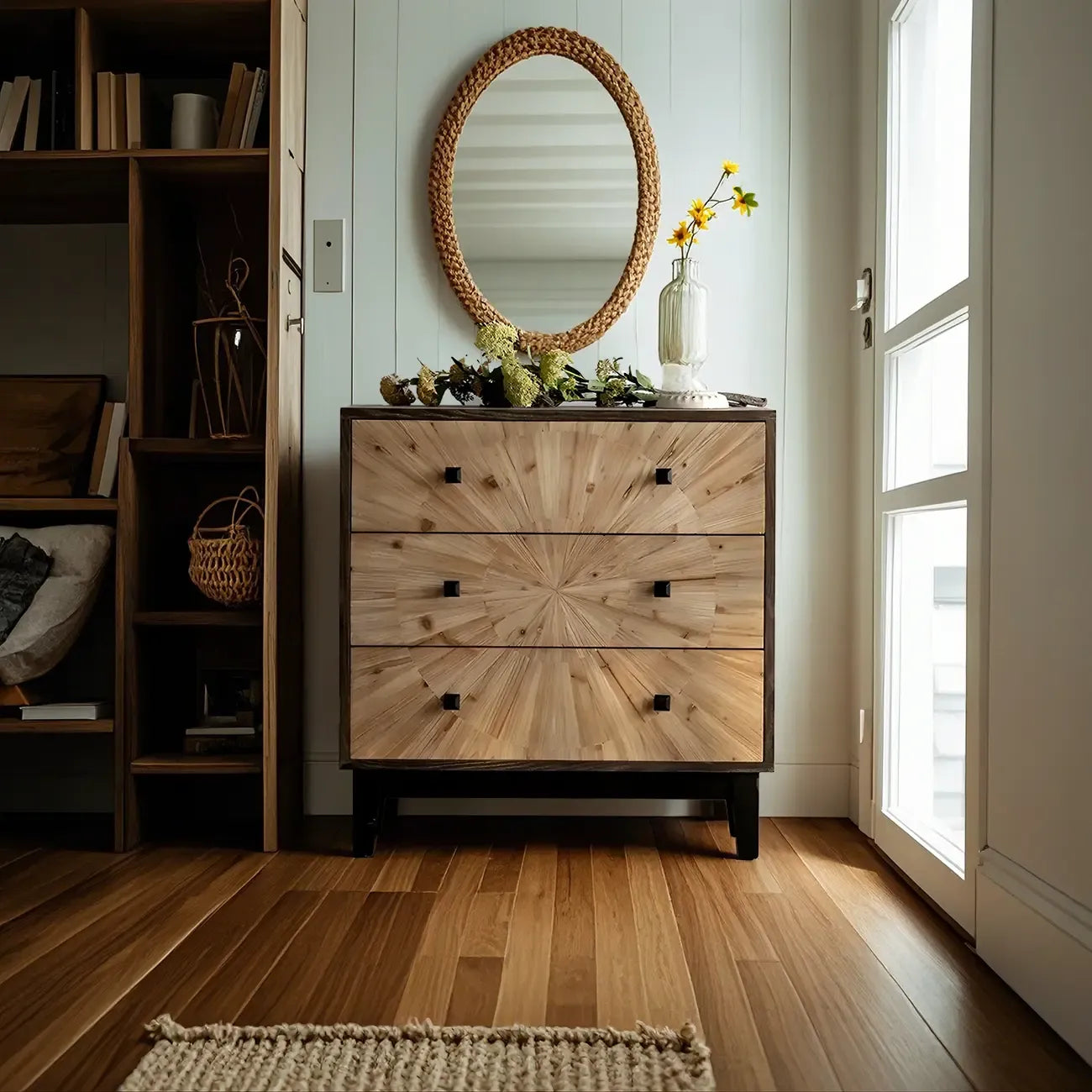 Charmante commode en bois de style célibataire, finition naturelle