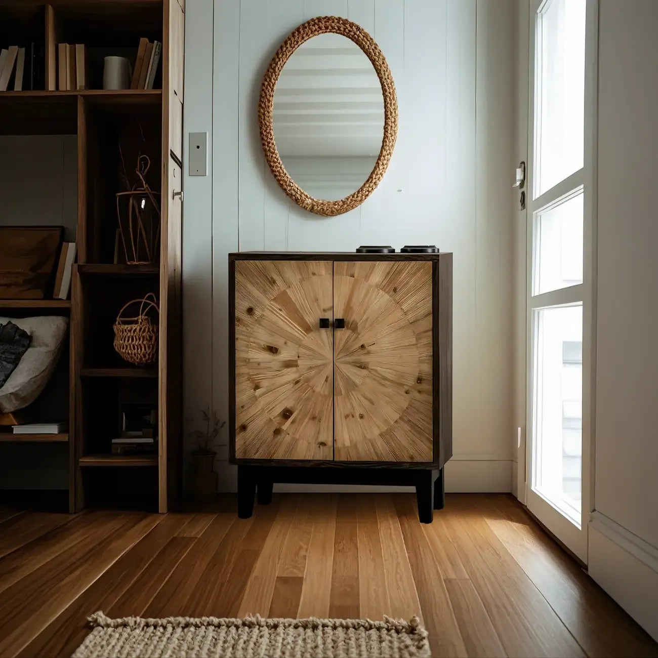 Charmante commode en bois de style célibataire, finition naturelle