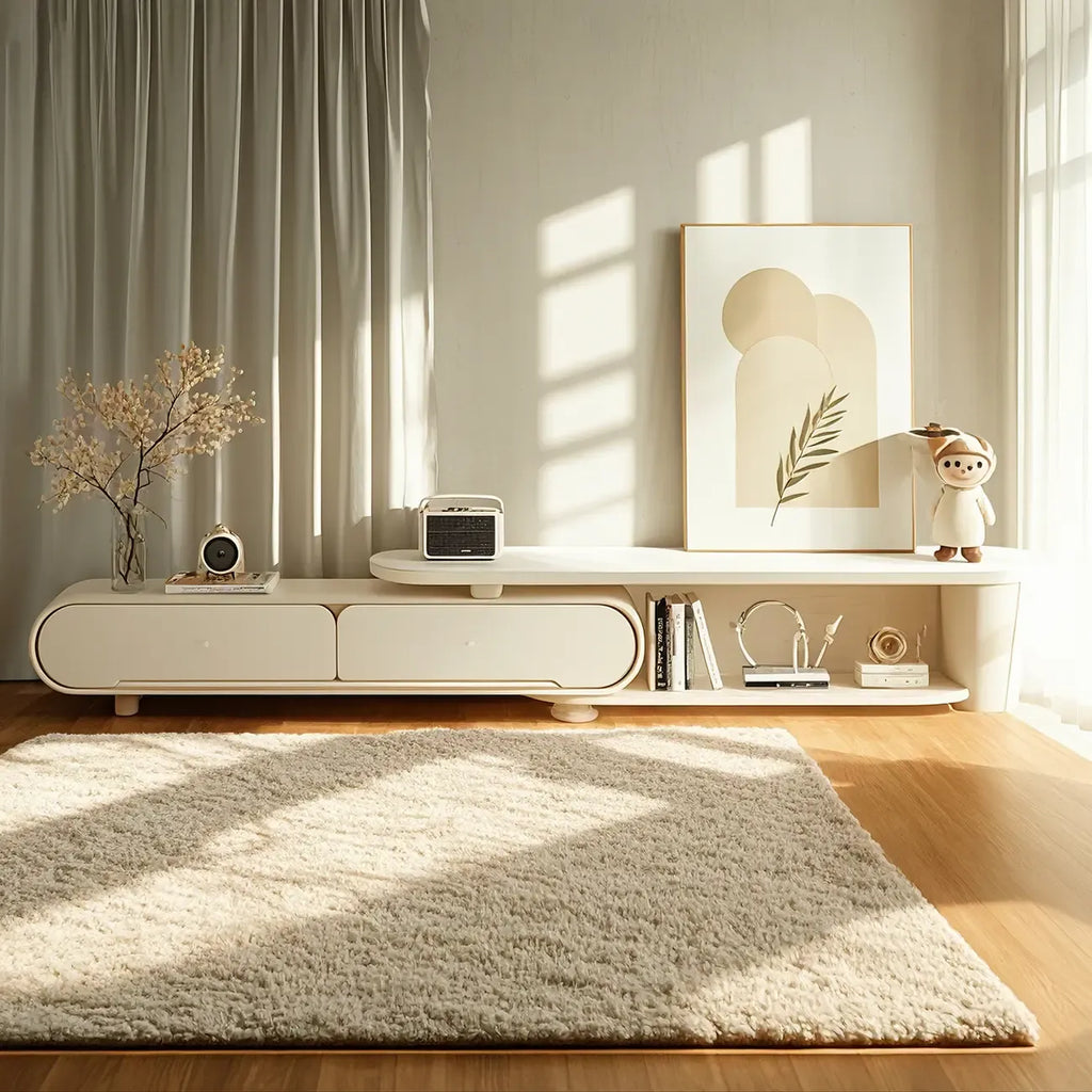 Meuble TV moderne blanc de 77 pouces en pierre, long et incurvé, avec rangement ouvert