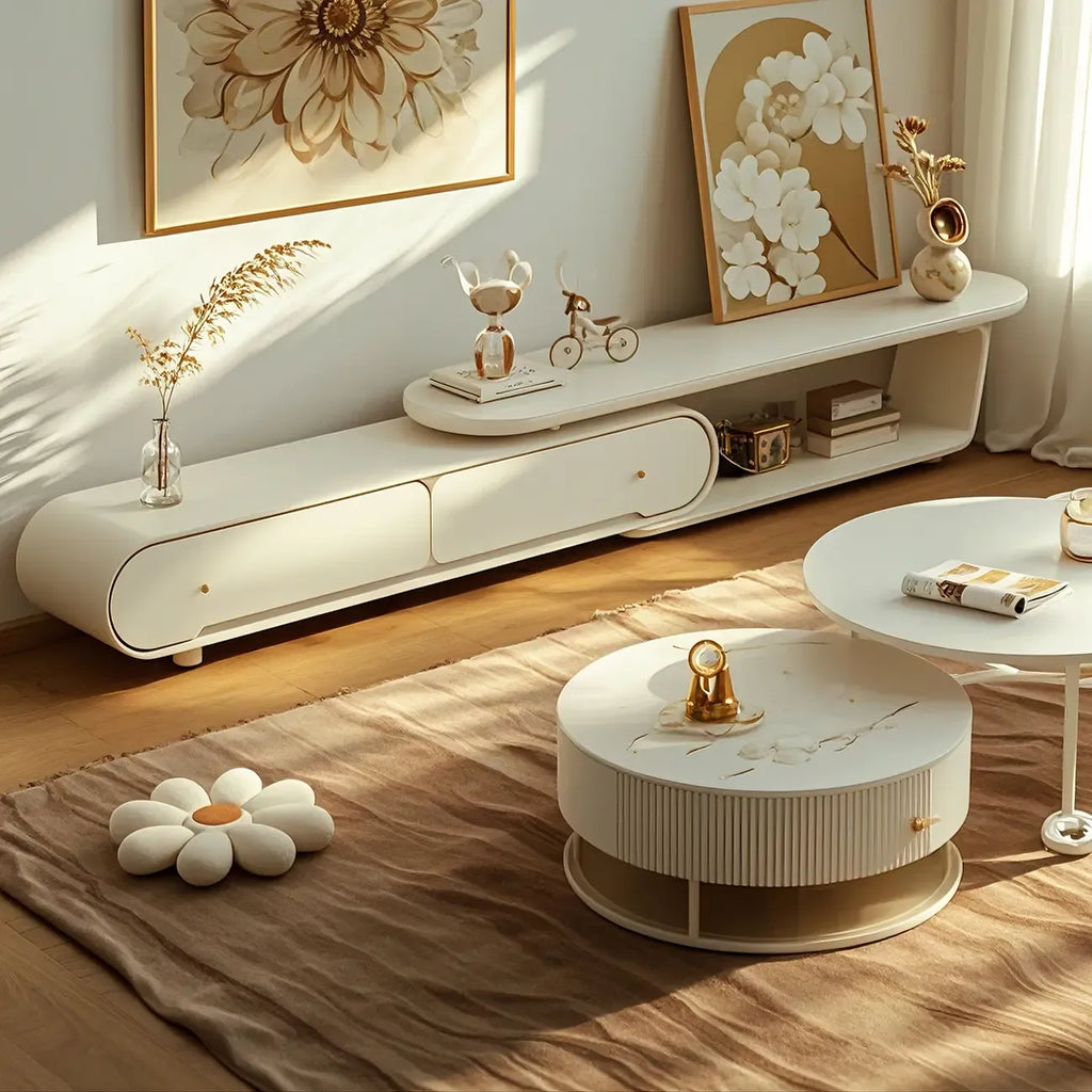 Meuble TV moderne blanc de 77 pouces en pierre, long et incurvé, avec rangement ouvert