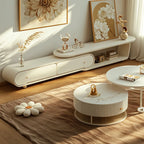 Meuble TV moderne blanc de 77 pouces en pierre, long et incurvé, avec rangement ouvert