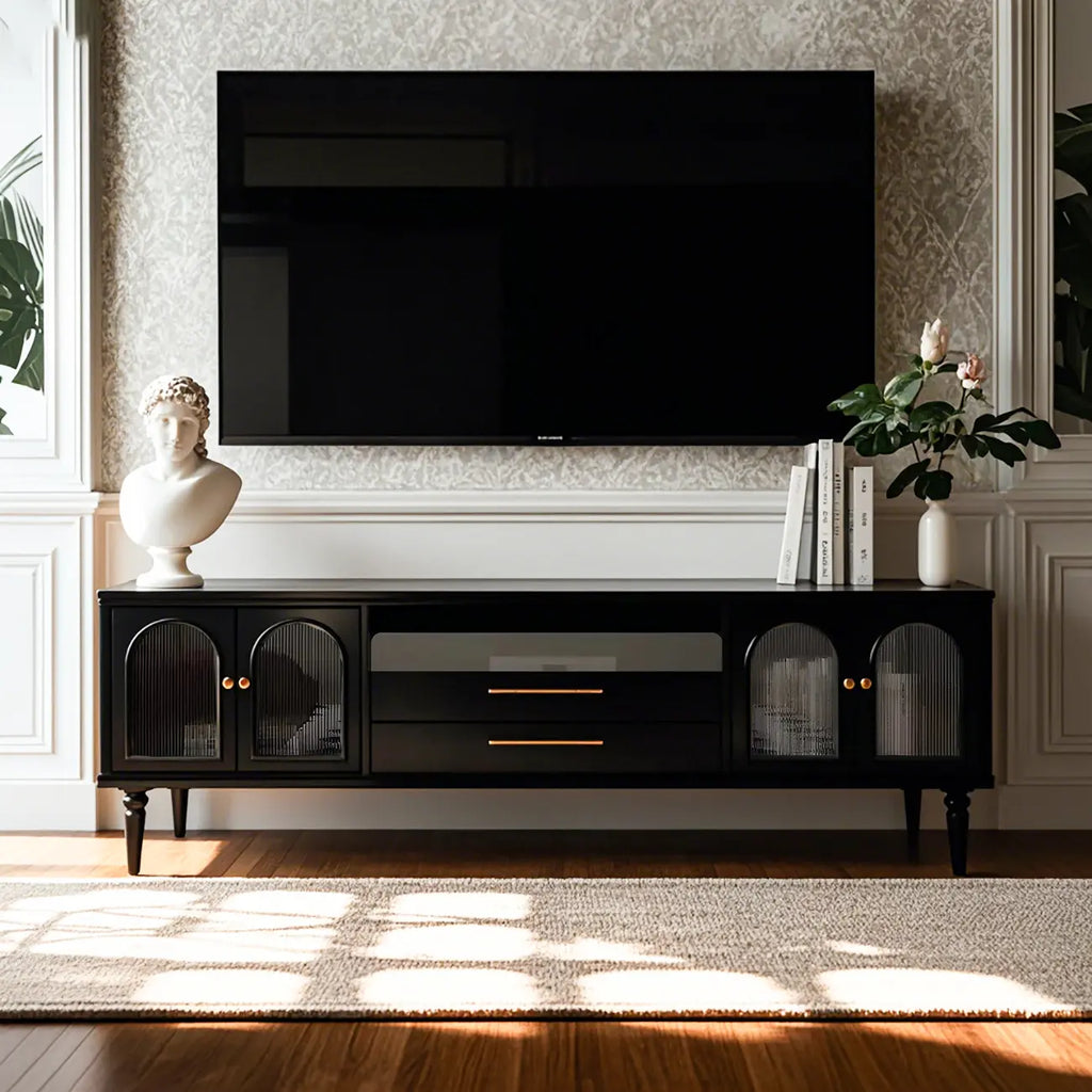 Meuble TV moderne en bois noir, porte vitrée et étagère ouverte (79 cm)