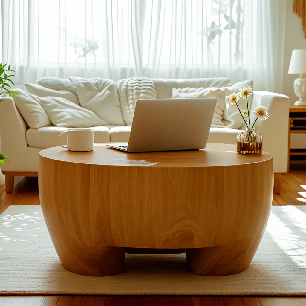 Table basse ronde rustique en bois massif avec finition naturelle