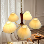 Lustre vintage en laiton et tissu avec abat-jour plissés beiges