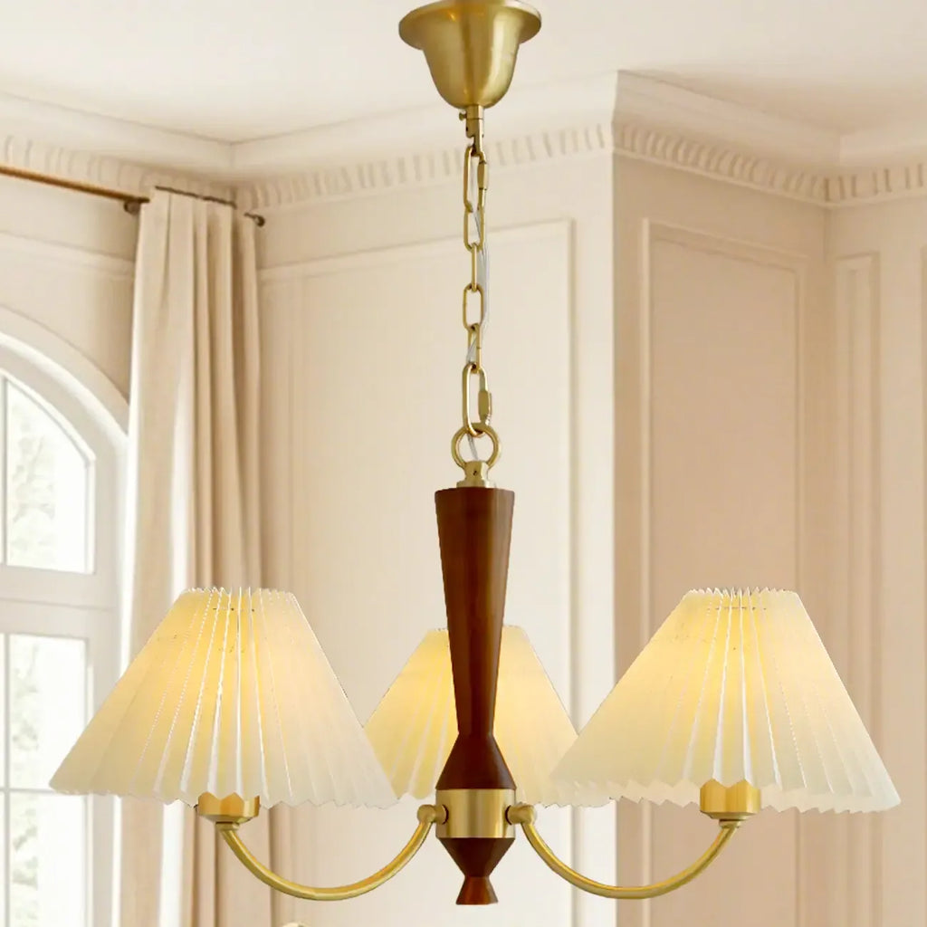 Lustre vintage en laiton et tissu avec abat-jour plissés beiges