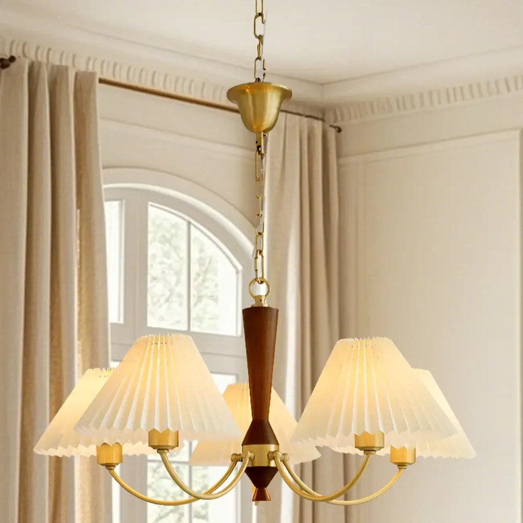 Lustre vintage en laiton et tissu avec abat-jour plissés beiges